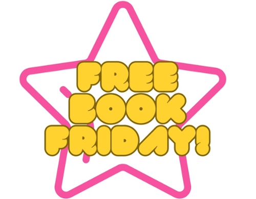 A pink star with bubble yellow writing Free Book Friday!