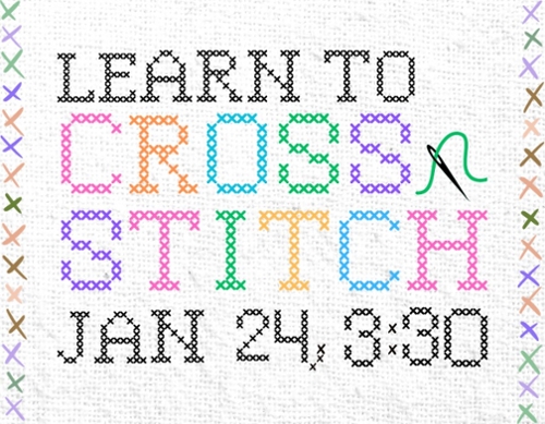 Program name and date in cross stitch font.