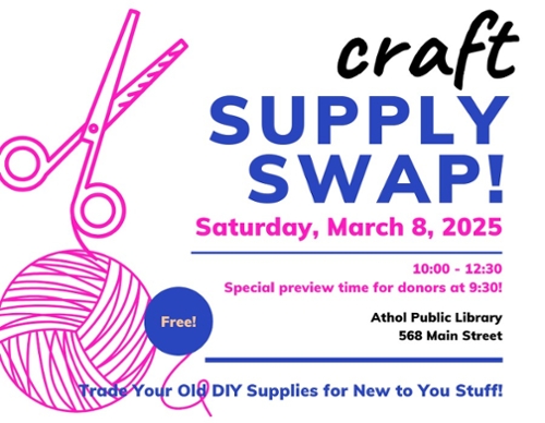 Cartoon scissors and ball of yarnthat are neon pink in color accompanying the text Craft Supply Swap.