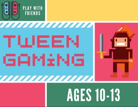 A cartoon game controller to accompany pixelated text Tween Gaming.