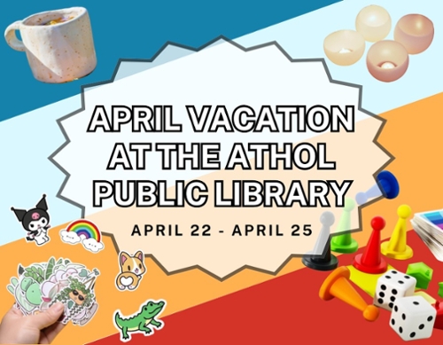 Images of sticker examples, game pieces, game dice, and a slab mug border the image of the text April Vacation.