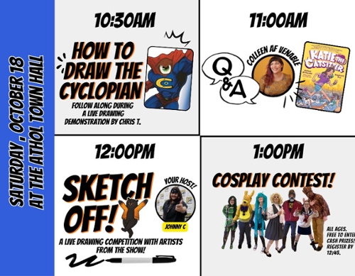 Example of Cyclopian, a cartoon bear named Bean, Katie Catsitters cover, and examples of teens in cosplay.