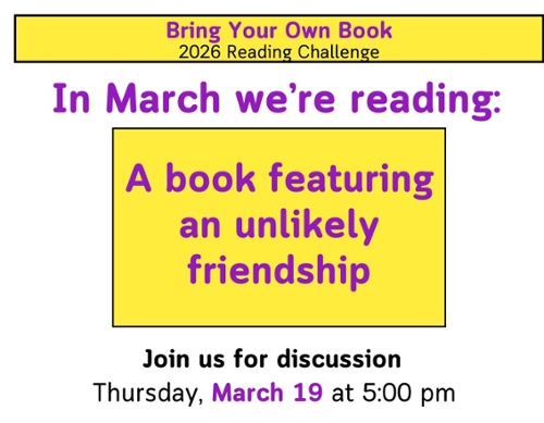 Purple text with the theme for the month: a book featuring an unlikely friendship.