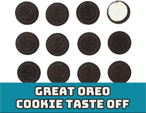 Three rows of a bunch of oreos. The top corner right one you can see the center the top is gone.