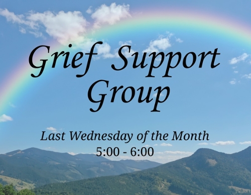 Mountains, the blue cloudy sky and a rainbow with the text grief support group.