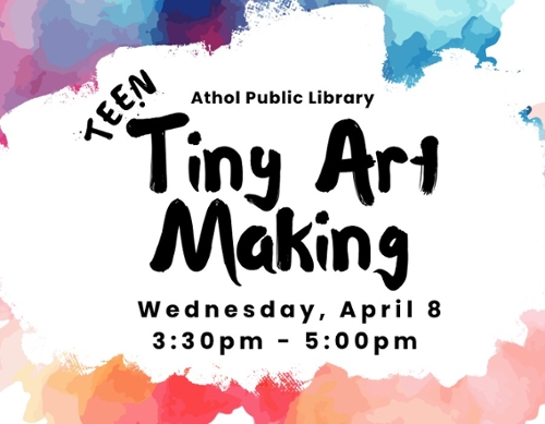 A border of watercolor paint (purple blue, orange, red and pink) with the text Teen Tiny Art Making