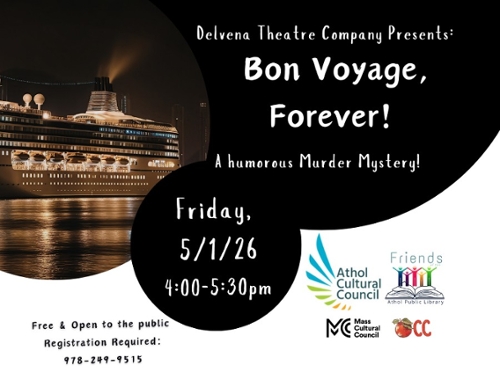 Photo of a cruise ship and the different cultural council logos with the Friends of the Athol Public Library logo.