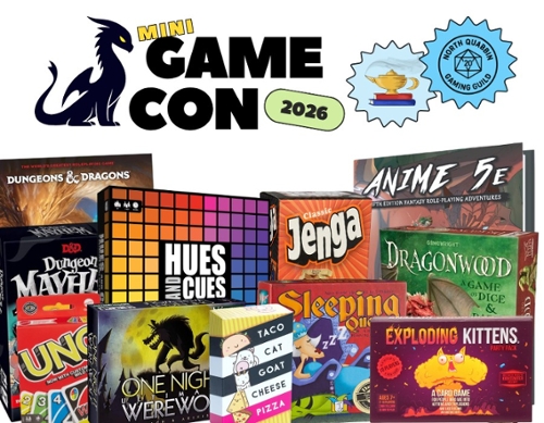 Various board games and the text Mini Game Con. Also, a tiny dragon next to the text Game con