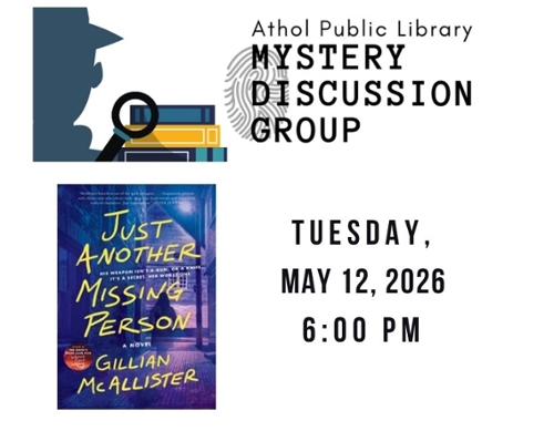 Book cover and Mystery discussion LOGO of a stack of books and silouette of a detective.