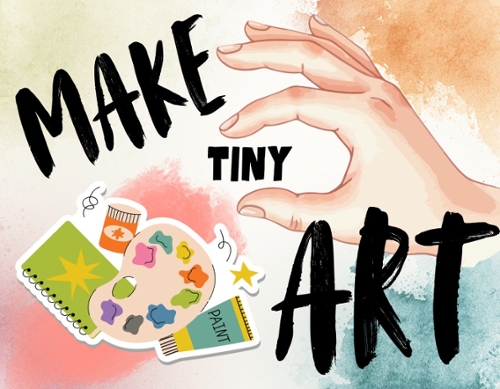 A Cartoon hand holding the word tiny and tiny art supplies to the left of the word tiny.
