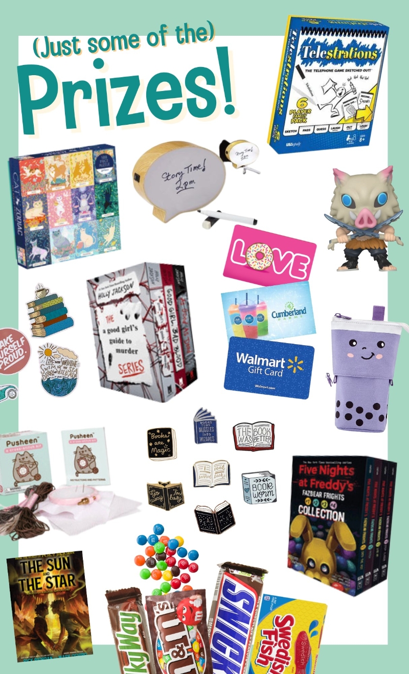 Square image of various summer reading prizes, candy, wireless earbuds, a doughnut puzzle, Dunkin Donuts gift card, etc.